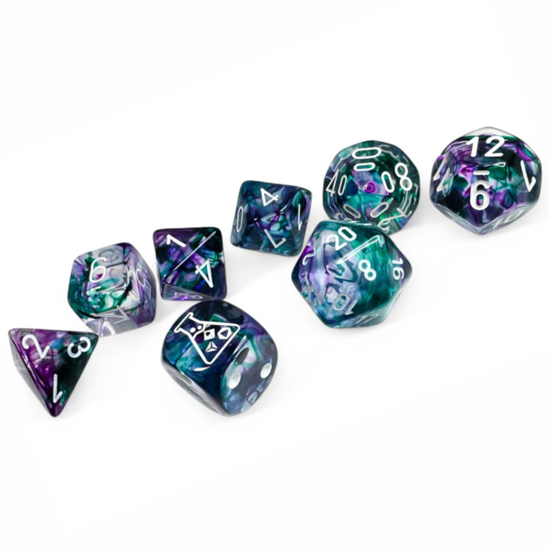 chx DICE SET 7+1 LAB NEBULA FLUORITE w/ WHITE