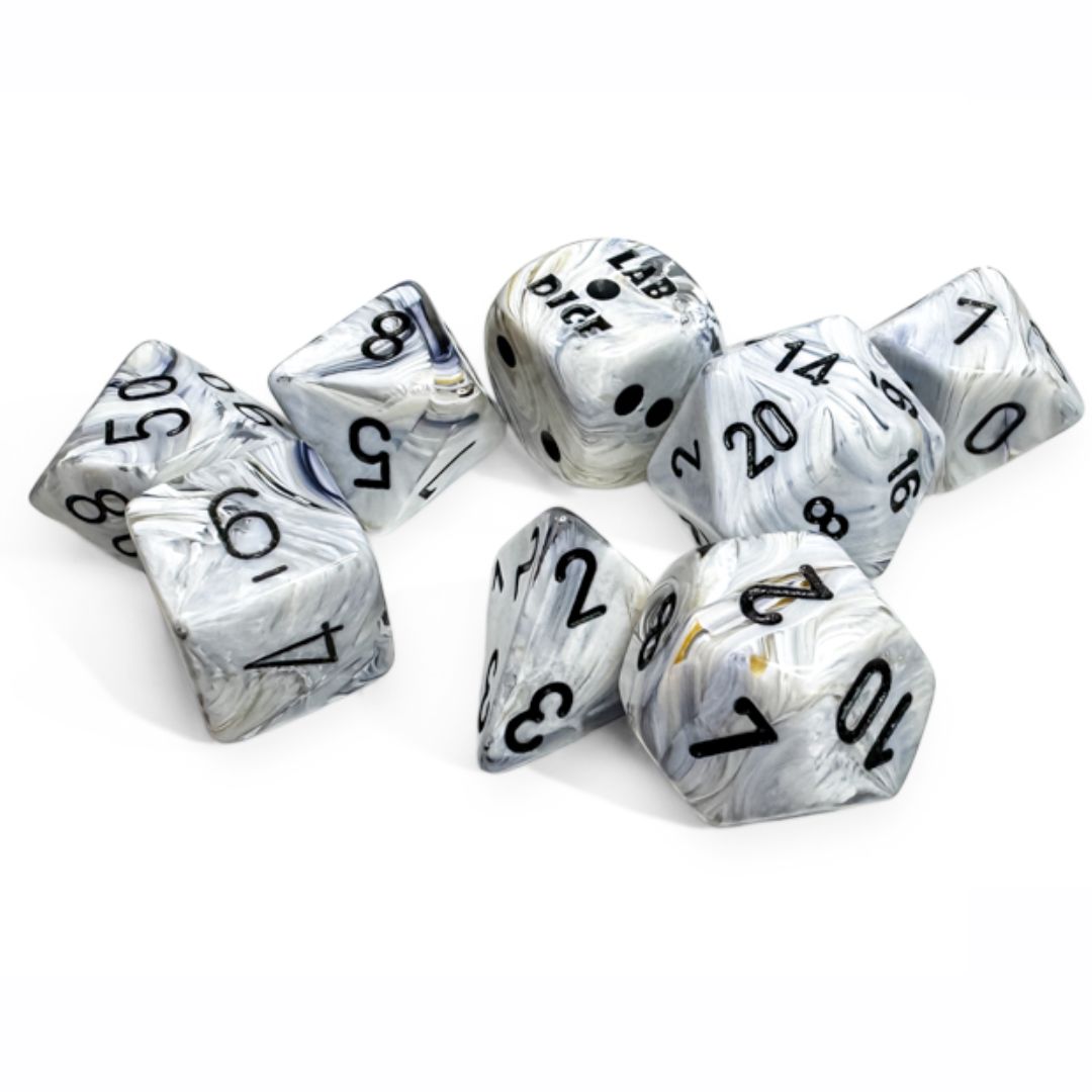 chx DICE SET 7+1 LAB MARBLE CALCITE w/ BLACK