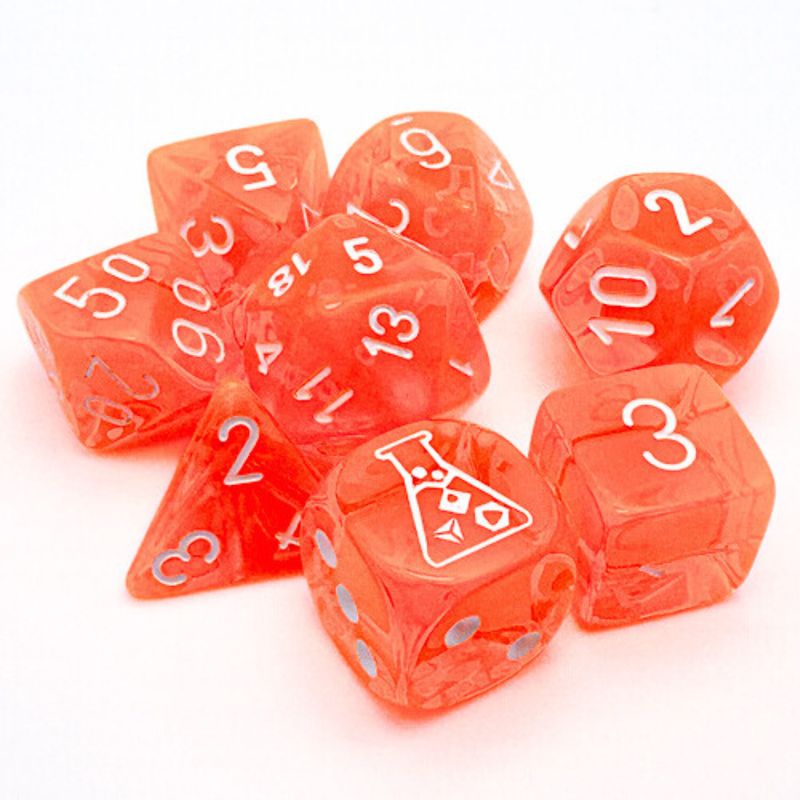 chx DICE SET 7+1 LAB TRANSLUCENT NEON ORANGE w/ WHITE