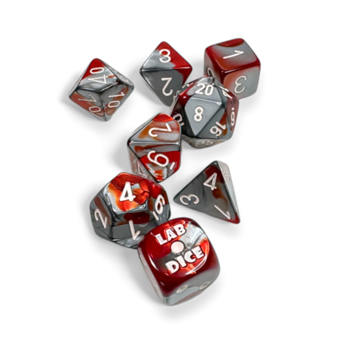 chx DICE SET 7+1 LAB GEMINI RED-STEEL w/ WHITE