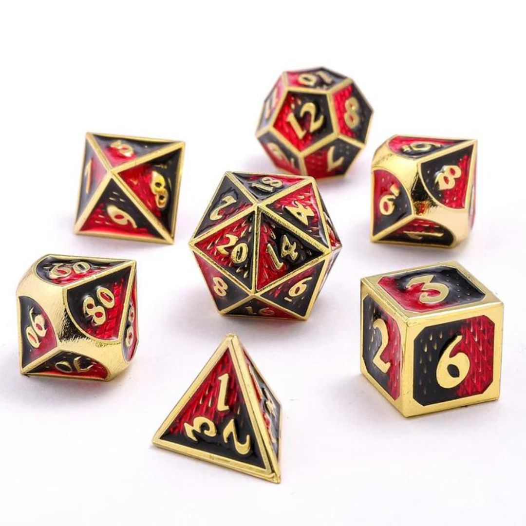 hym DICE SET 7 MINI METAL BEHEMOTH GOLD w/ RED &amp; BLACK