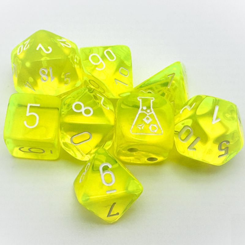 chx DICE SET 7+1 LAB TRANSLUCENT NEON YELLOW w/ WHITE