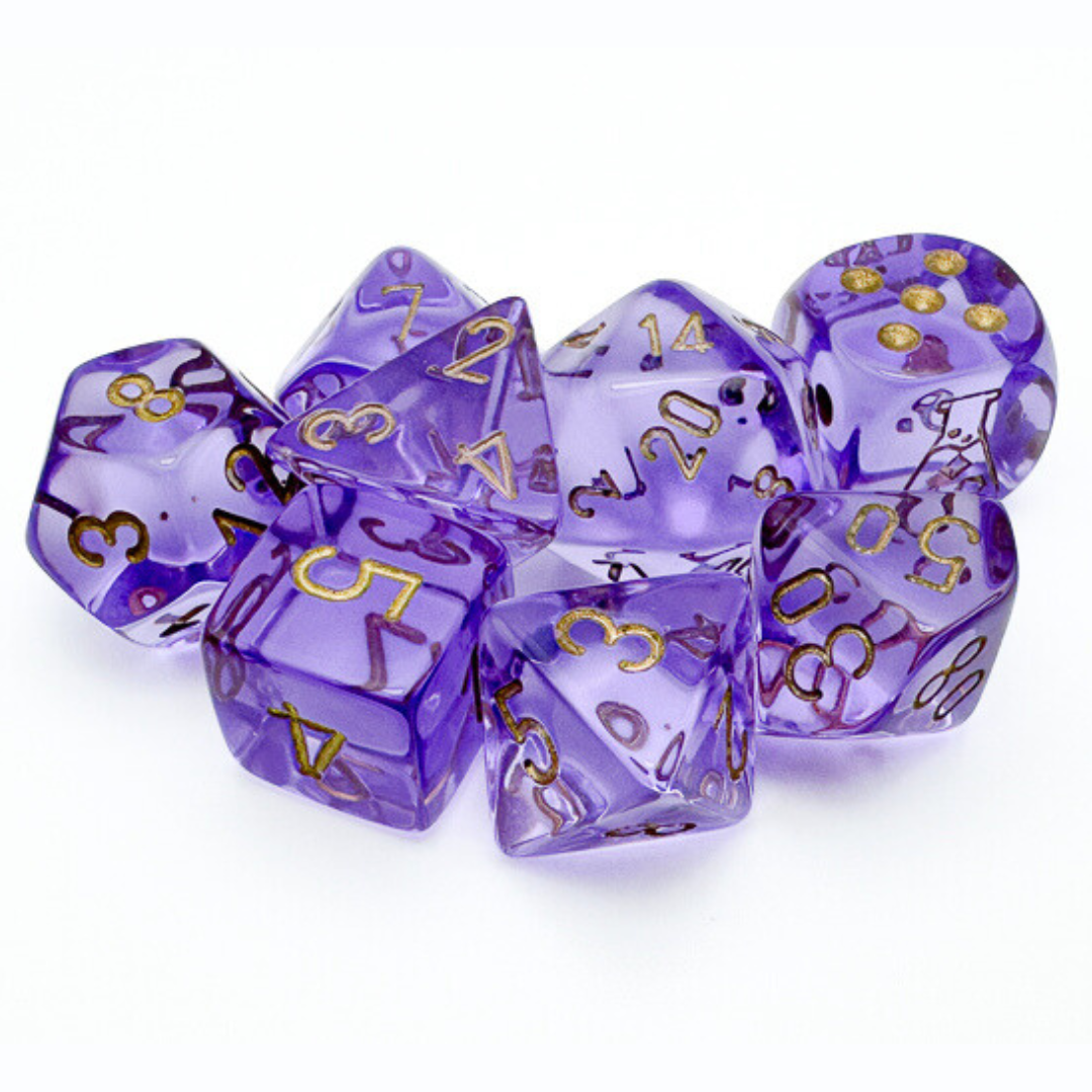 chx DICE SET 7+1 LAB TRANSLUCENT LAVENDER w/ GOLD