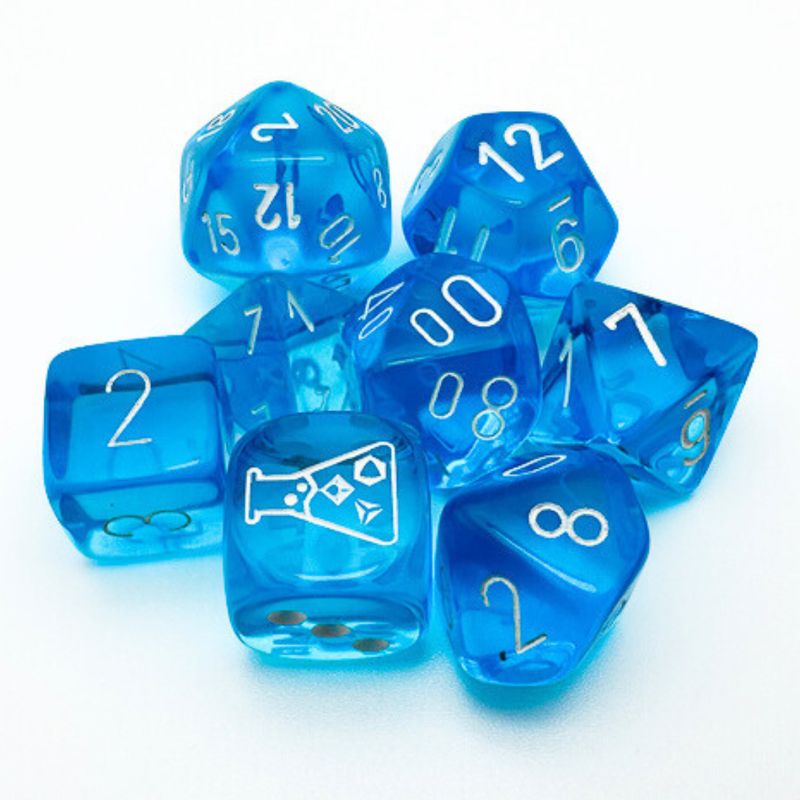 chx DICE SET 7+1 LAB TRANSLUCENT TROPICAL BLUE w/ WHITE