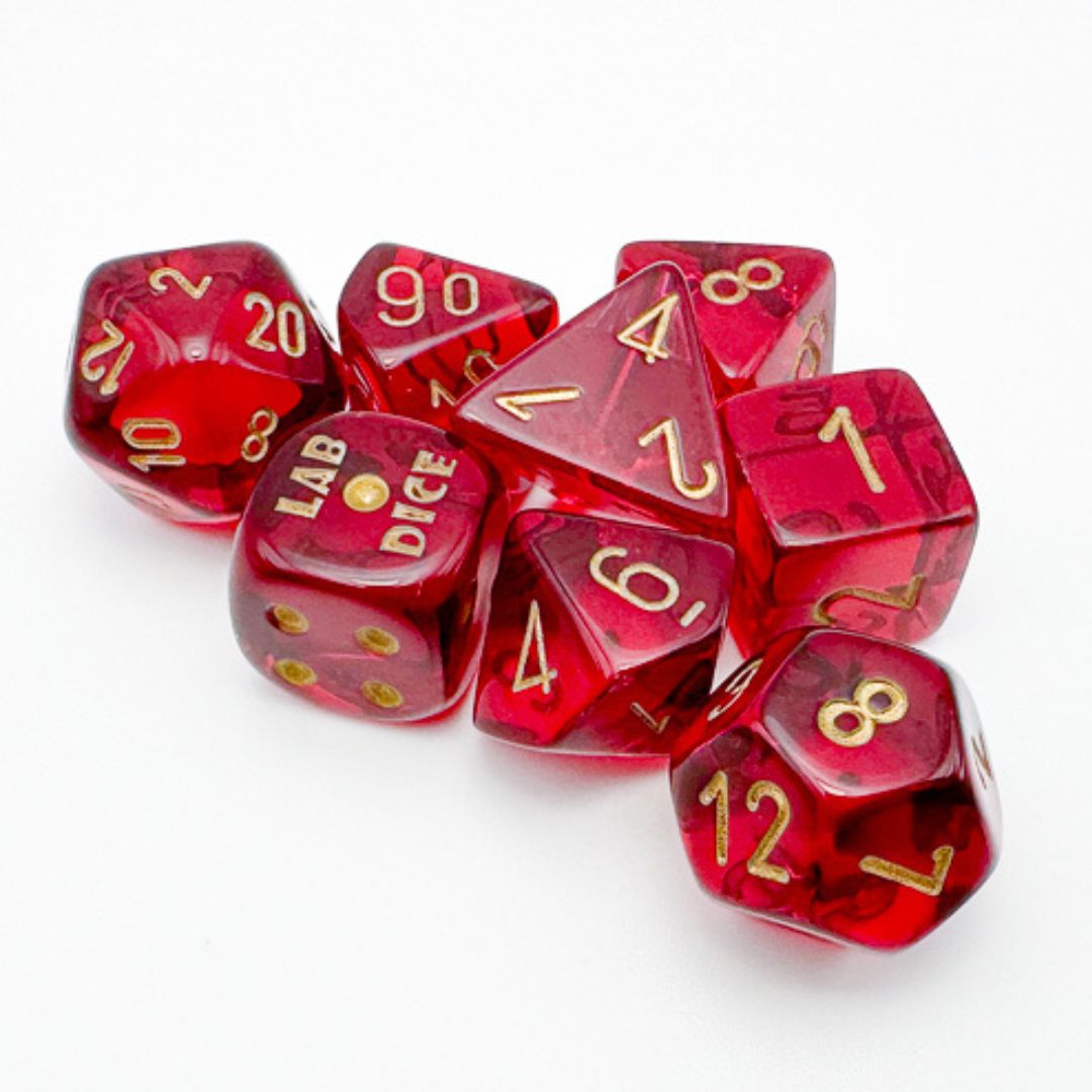 chx DICE SET 7+1 LAB TRANSLUCENT CRIMSON w/ GOLD