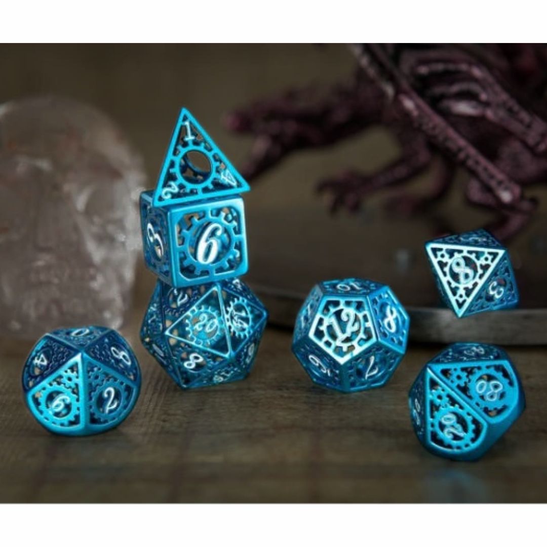 hym DICE SET 7 METAL HOLLOW GEARS OF PROVIDENCE - BLUE w/ WHITE
