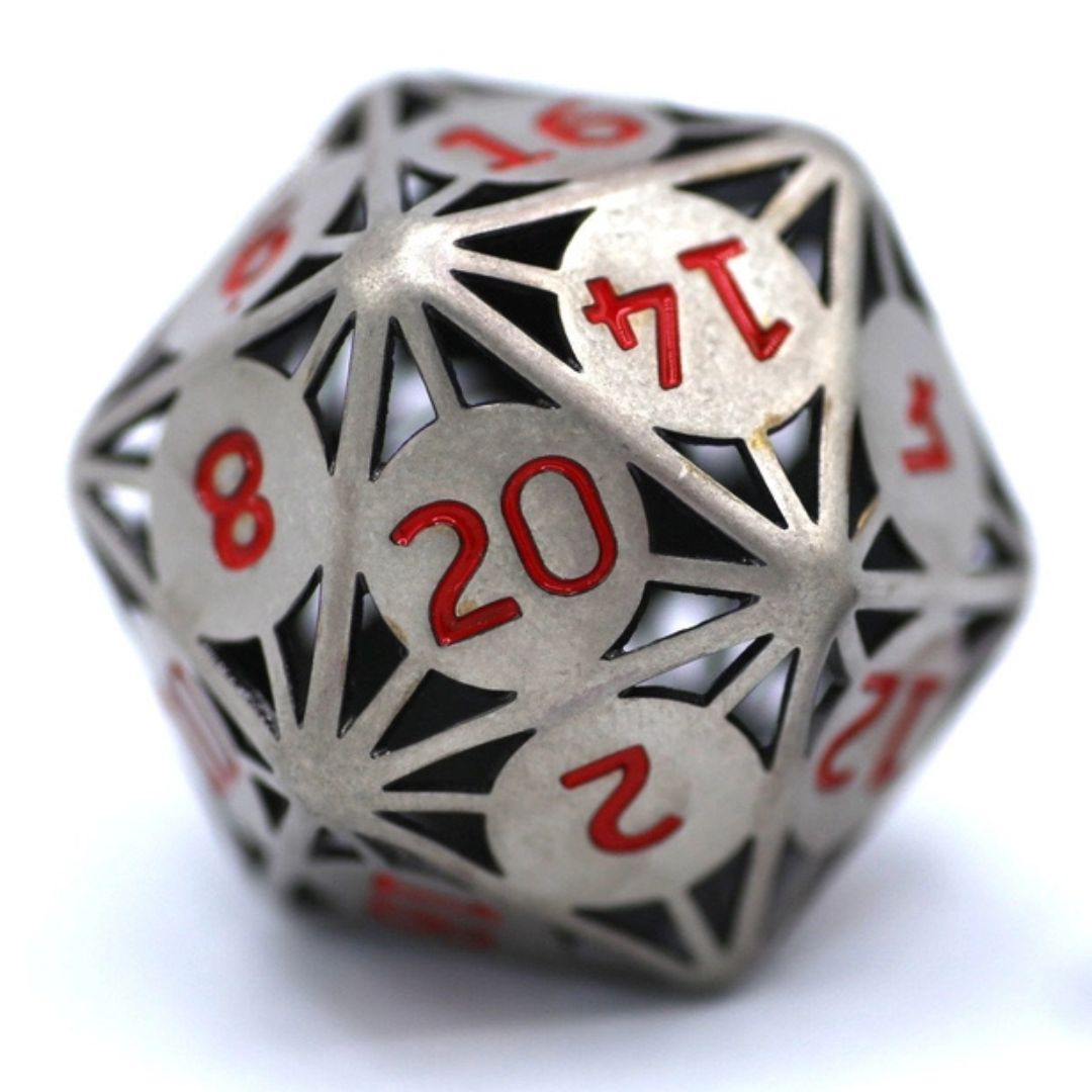 DICE D20 55mm GIANT HOLLOW ATOMIC - ANCIENT SILVER w/ RED