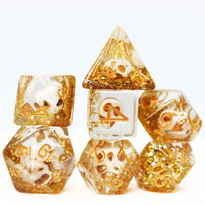 fb DICE SET 7 RESIN SKULL &amp; GOLD GLITTER