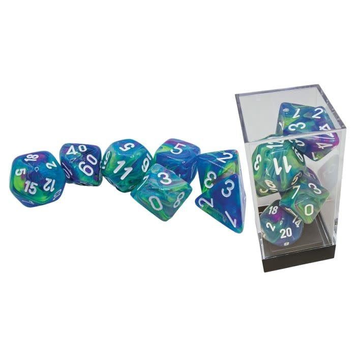 chx DICE SET 7 MEGA-HEDRAL FESTIVE WATERLILY w/ WHITE