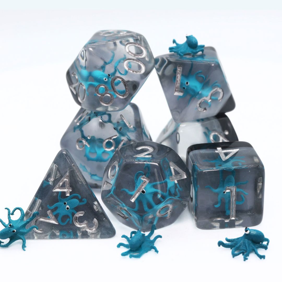 fb DICE SET 7 RESIN TEAL OCTOPUS