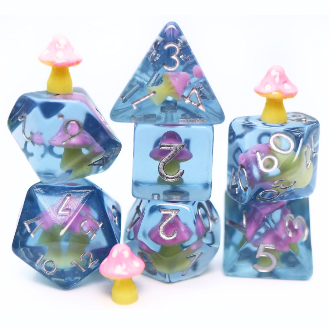 fb DICE SET 7 RESIN PINK MUSHROOM