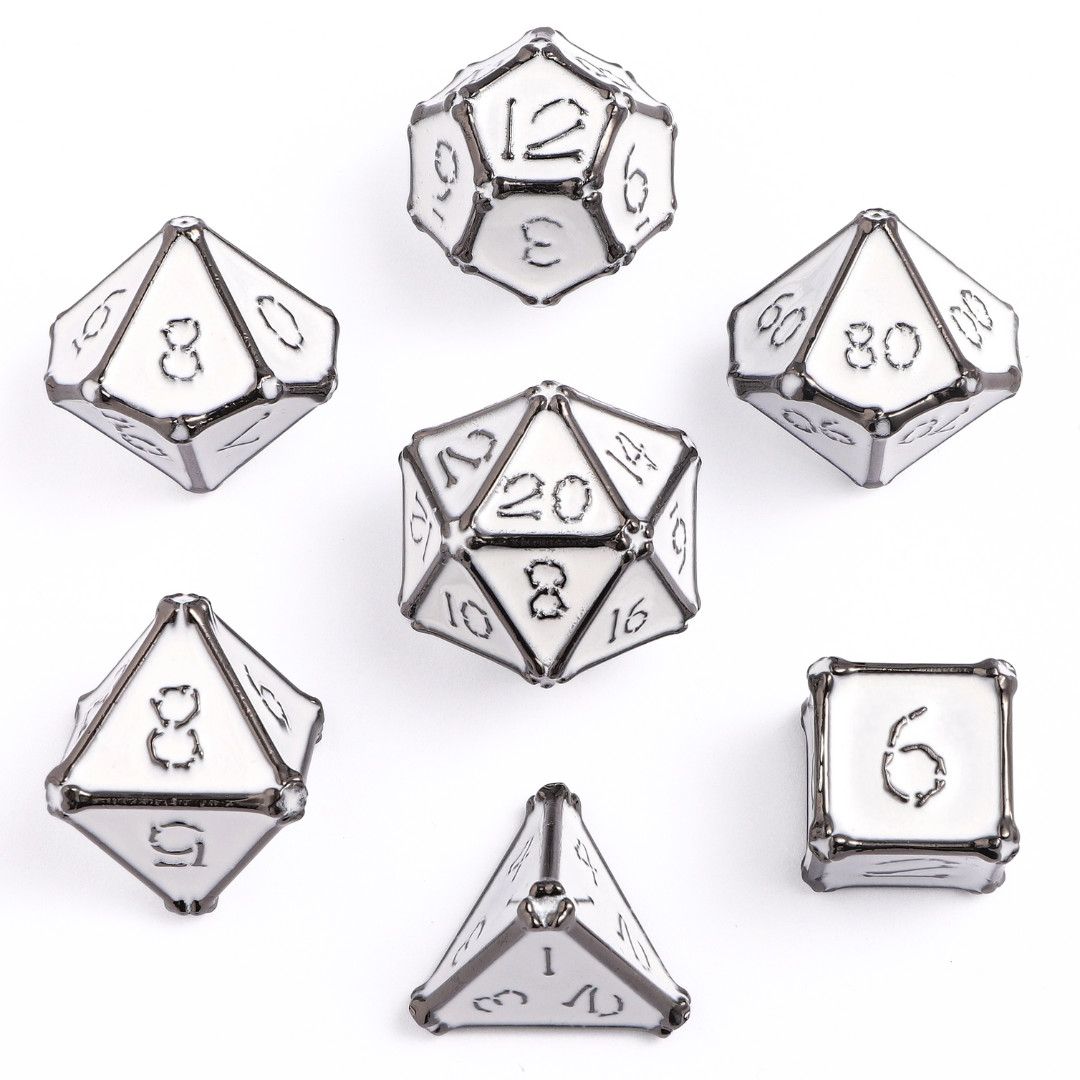 hym DICE SET 7 METAL BONE COLLECTOR WHITE w/ GUNMETAL
