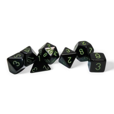 chx DICE SET 7 OPAQUE BLACK w/ GREEN