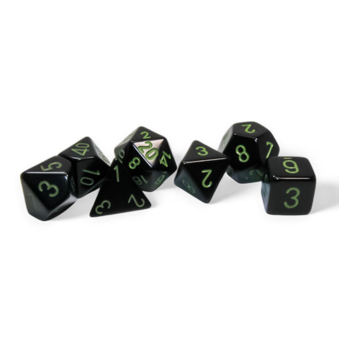 chx DICE SET 7 OPAQUE BLACK w/ GREEN