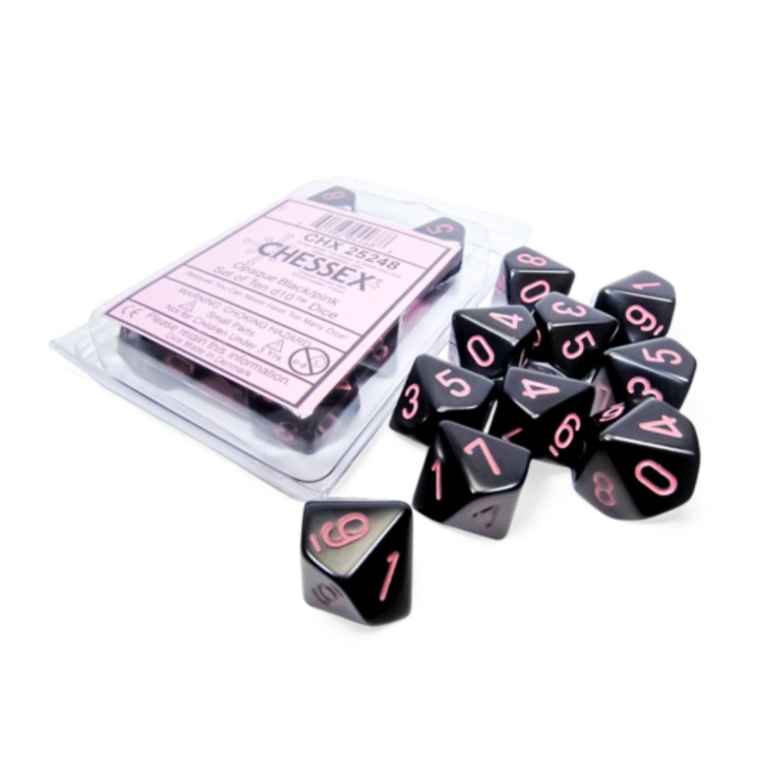 chx DICE SET D10 OPAQUE BLACK WITH PINK