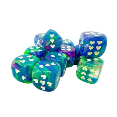 DICE SET D6 16mm FESTIVE WATERLILY WHITE HEART PIPS