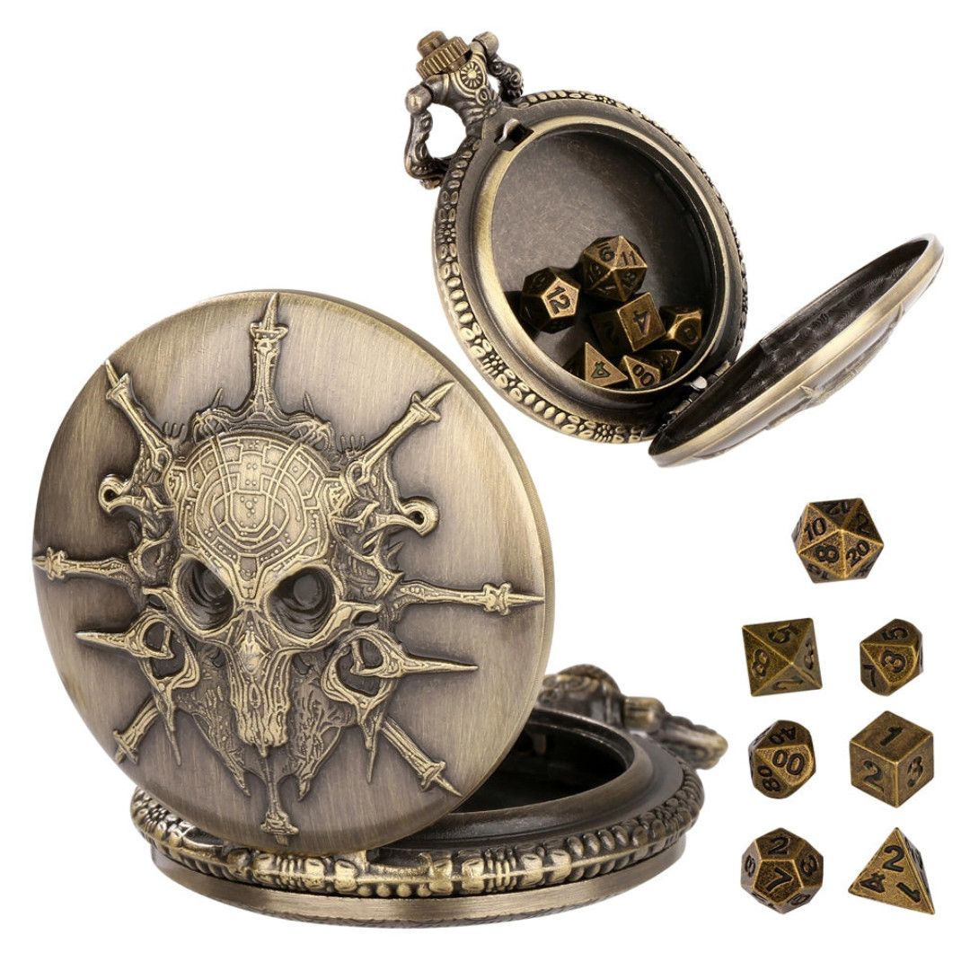 tdl DICE SET 7 POCKET WATCH CASE - DEATH&#39;S KEEPER (Ancient Gold)