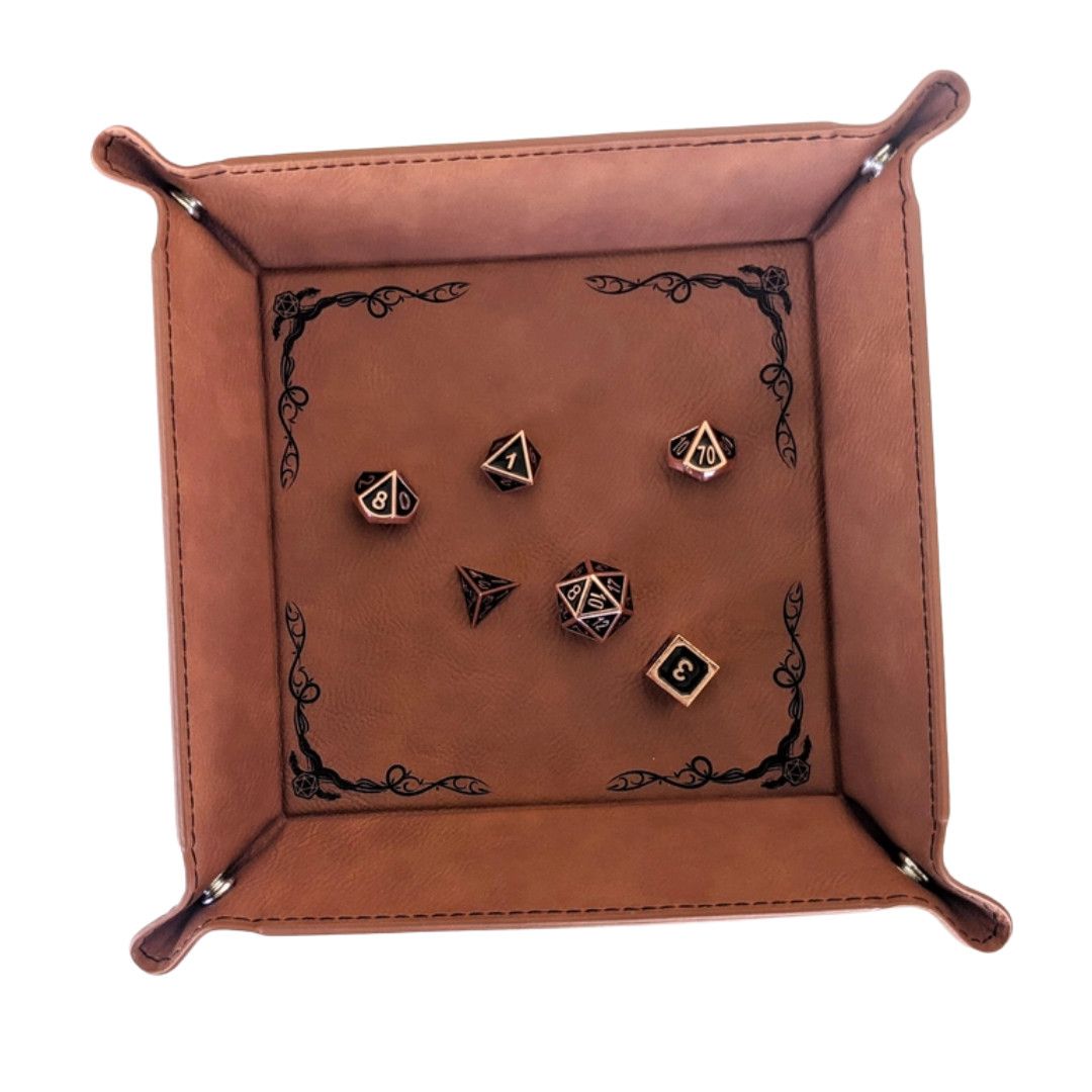 DICE TRAY: VEGAN LEATHER DRAGON BORDER Chestnut