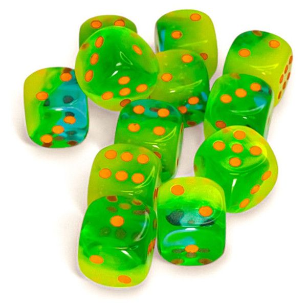 DICE SET D6 16mm PLASMA LUMINARY GREEN-TEAL w/ ORANGE