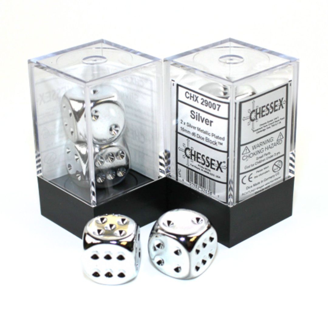 DICE PAIR 16mm METALLIC PLATED Silver
