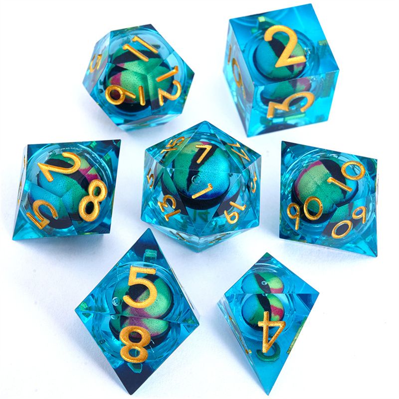 xlt DICE SET 7 RESIN LIQUID CORE SNAKE EYES BLUE w/ GOLD