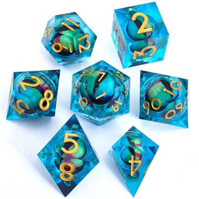 xlt DICE SET 7 RESIN LIQUID CORE SNAKE EYES BLUE w/ GOLD