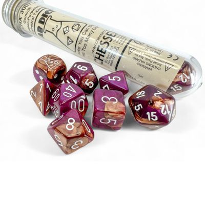 chx DICE SET 7+1 LAB GEMINI COPPER-PURPLE w/ WHITE