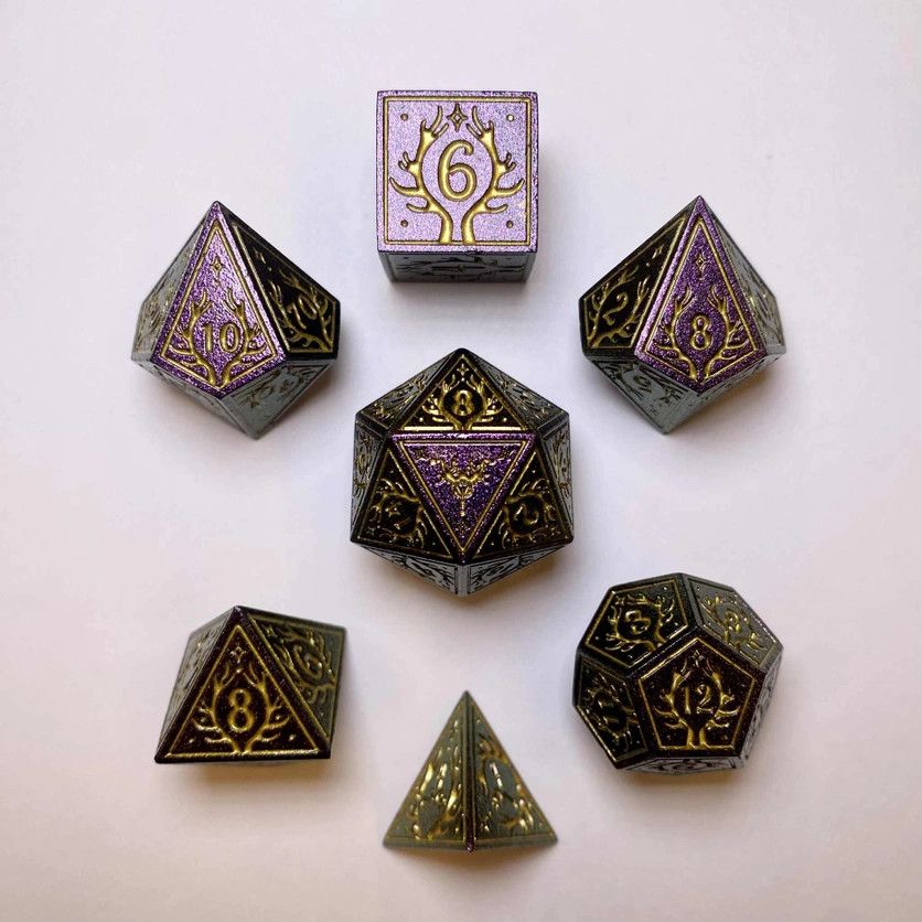 hym DICE SET 7 METAL DRUID GLITTER PURPLE w/ GOLD