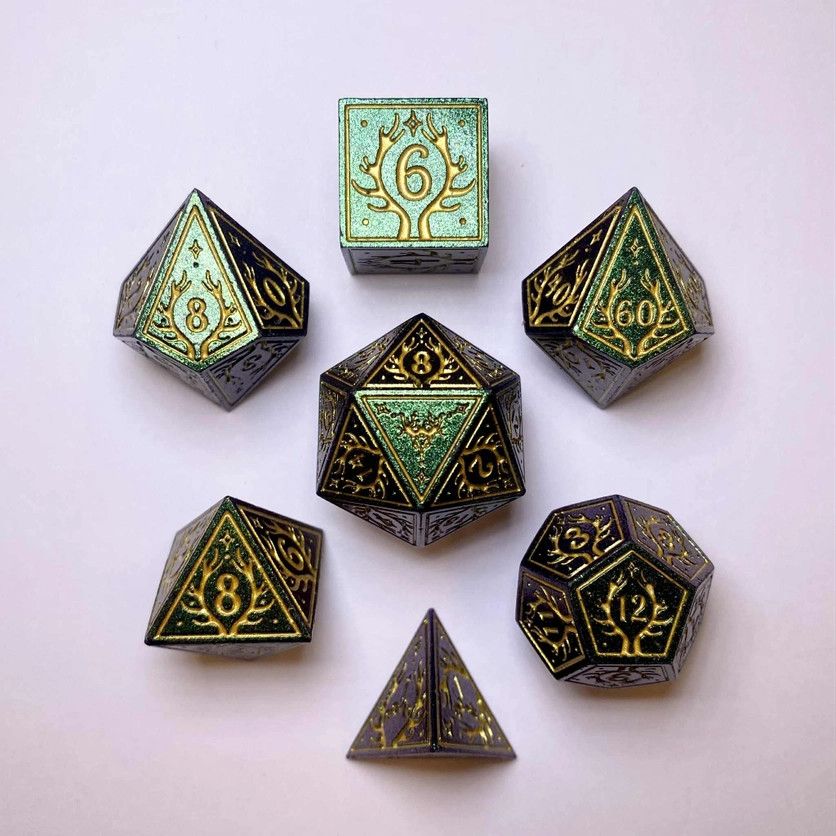 hym DICE SET 7 METAL DRUID GLITTER GREEN w/ GOLD