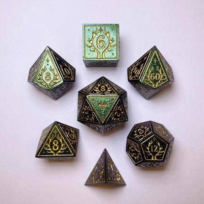 hym DICE SET 7 METAL DRUID GLITTER GREEN w/ GOLD