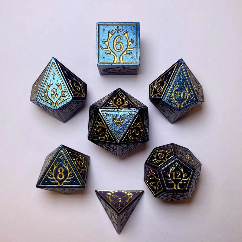 hym DICE SET 7 METAL DRUID GLITTER BLUE w/ GOLD