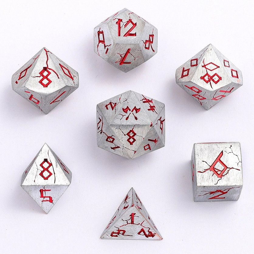 hym DICE SET 7 METAL BARBARIAN MATTE SILVER w/ RED