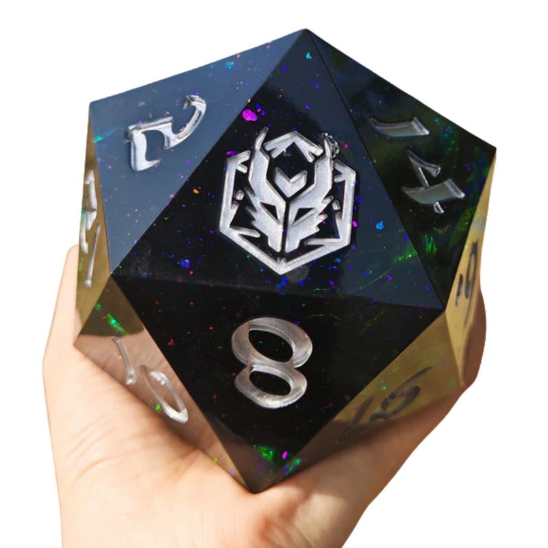 DICE D20 100MM CHONK SHARP EDGE RESIN - BLACK w/ SILVER