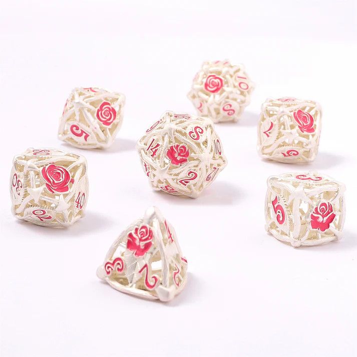 hym DICE SET 7 METAL HOLLOW ROSE - MATTE SILVER w/ PINK