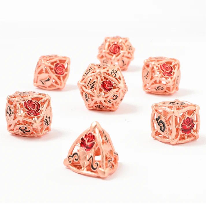 hym DICE SET 7 METAL HOLLOW ROSE - ROSE GOLD w/ RED