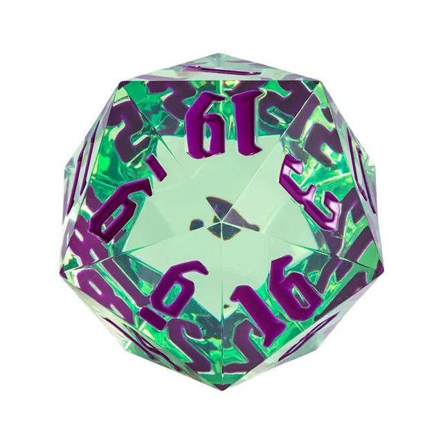 DICE D20 55mm HUGE - SHARP EDGE TRANSLUCENT LIGHT GREEN w/ PURPLE