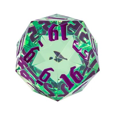 DICE D20 55mm HUGE - SHARP EDGE TRANSLUCENT LIGHT GREEN w/ PURPLE