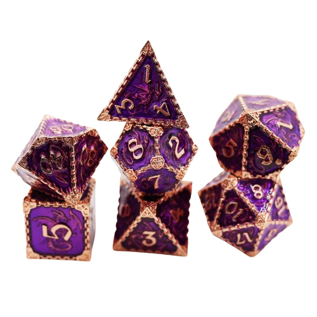 fb DICE SET 7 METAL CHAINED DRAGON Royal Purple w/ Copper