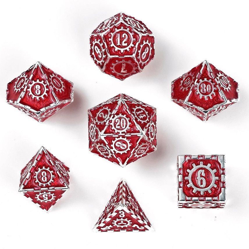 hym DICE SET 7 METAL COGCRAFT SILVER w/ RED