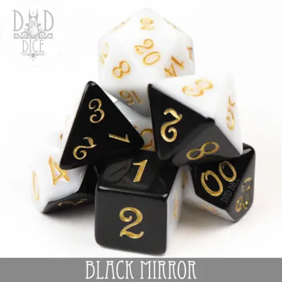 dnd DICE SET 7 BLACK MIRROR Black &amp; White w/ Gold