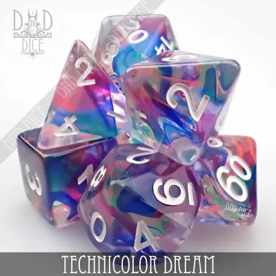 dnd DICE SET 7 TECHNICOLOR DREAM Clear w/ Multicolored Ribbons