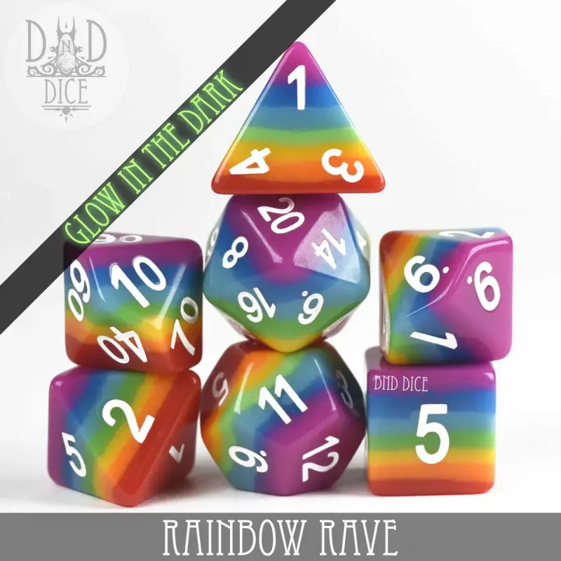 dnd DICE SET 7 RAINBOW RAVE w/ White (GLOW-IN-THE-DARK)