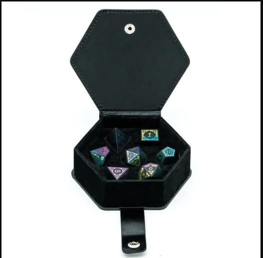 fb DICE SET 7 OBSIDIAN &amp; RAINBOW FLOURISH STONE