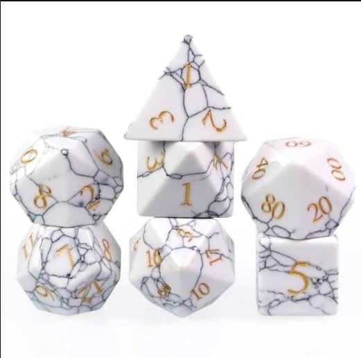 fb DICE SET 7 GEMSTONE TEXTURED TURQUOISE WHITE w/ GOLD