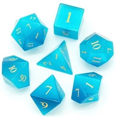 fb DICE SET 7 GEMSTONE CAT'S EYE BLUE w/ GOLD