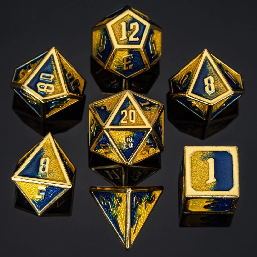 hym DICE SET 7 METAL DRACONIS YELLOW-BLUE w/ GOLD