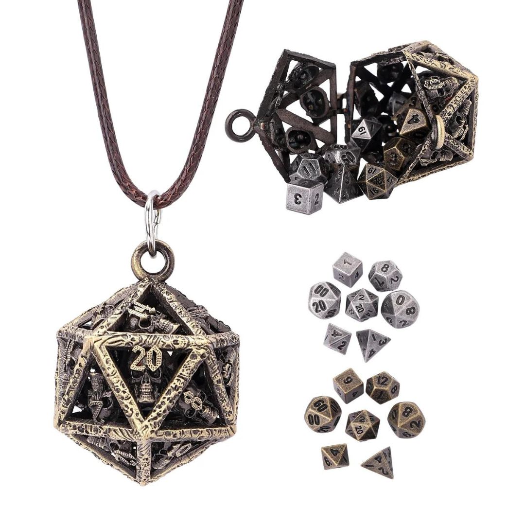 hym DICE SET 7 METAL GRIMSKULL'S D20 LOCKET ANCIENT GOLD