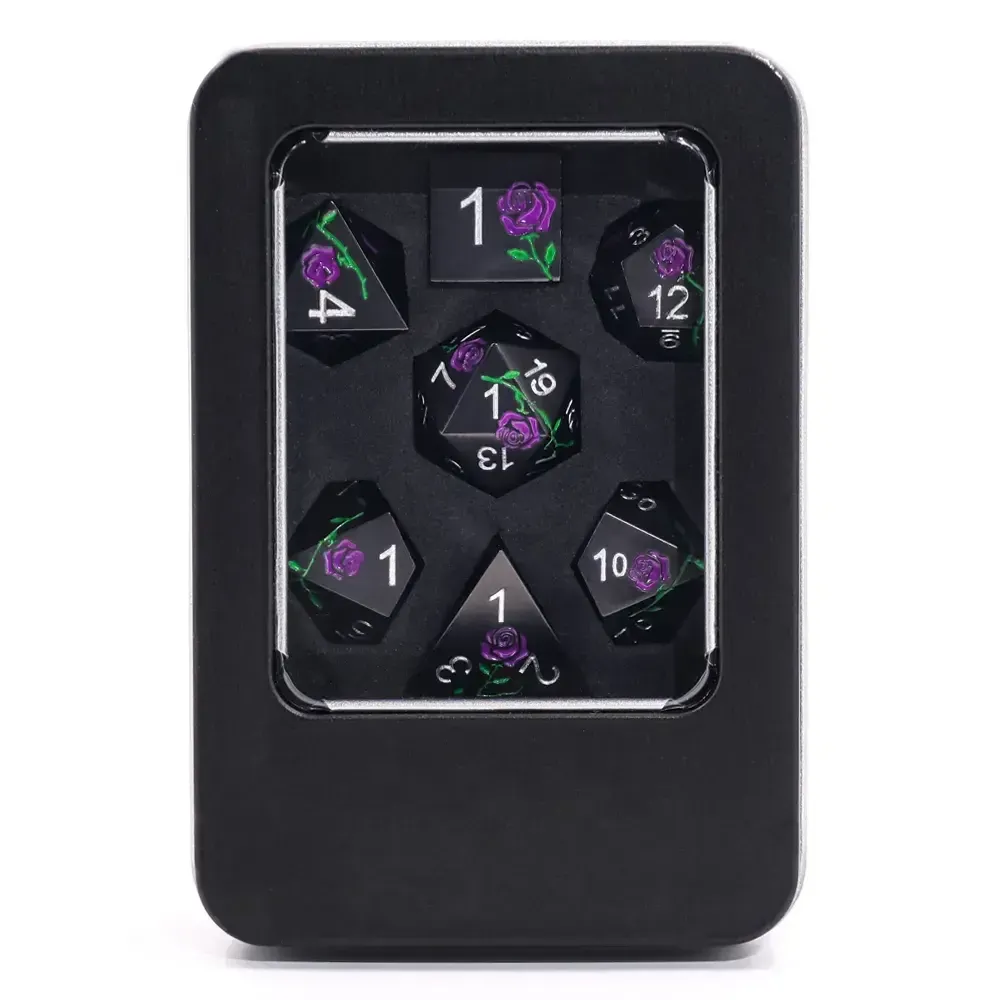hd DICE SET 7 METAL PURPLE ROSE ON BLACK w/WHITE