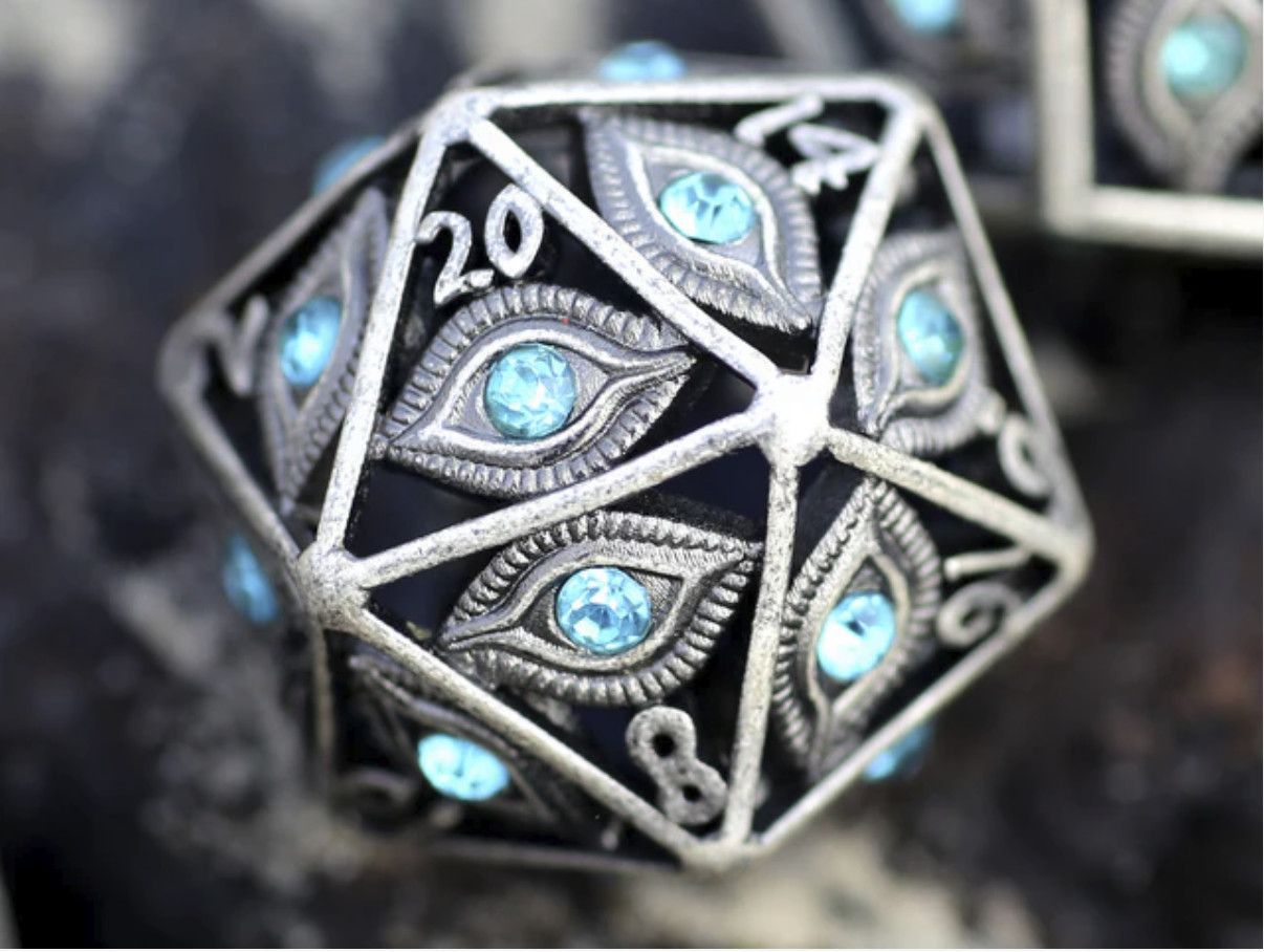 METAL D20 DRAGON'S EYE HOLLOW ANCIENT SILVER w/ BLUE GEMS