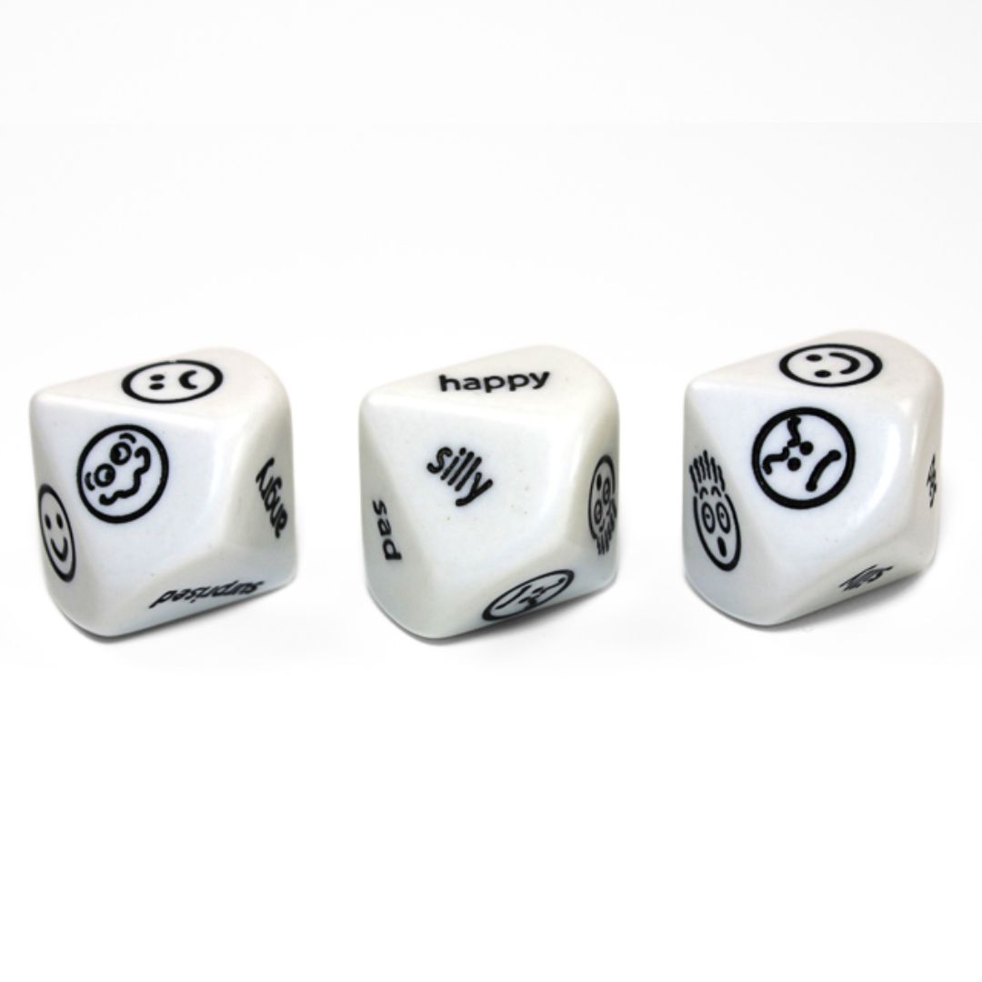CUSTOM D10 20mm FACIAL EXPRESSIONS w/ WORDS WHITE w/ BLACK